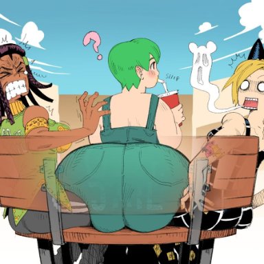 jojo's bizarre adventure, ermes costello, foo fighters, jolyne kujo, stagbeetle, 3girls, big ass, fat ass, huge ass, hyper ass, tagme