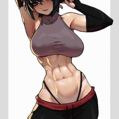kill la kill, matoi ryuuko, stopu, 1girls, abs, big breasts, black hair, blue eyes, gloves, gym clothes, hand on head, large breasts, looking at viewer, multicolored hair, muscular
