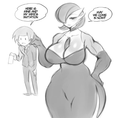 nintendo, pokemon, gardevoir, generation 3 pokemon, pok&#233;mon (species), saltyxodium, 1boy, 1girls, big breasts, cleavage, dress, female, lifting, lifting person, male