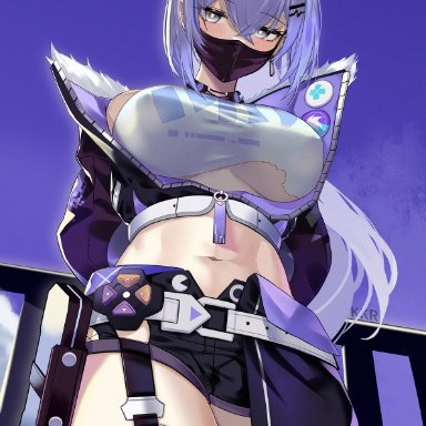 honkai (series), honkai: star rail, silver wolf (honkai: star rail), artist request, 1girls, alternate breast size, crop top, face mask, female, female focus, female only, gamer girl, glasses, glasses on head, jacket