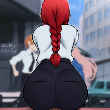 chainsaw man, background characters, denji (chainsaw man), makima (chainsaw man), power (chainsaw man), lordguyis, 1boy, 2girls, ass, ass focus, back, back view, background, big ass, black pants