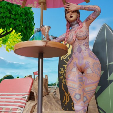 fortnite, jules (fortnite), haziest mirage, arm up, armpits, breasts, cameltoe, nude, outdoors, tattoos, 3d, blender