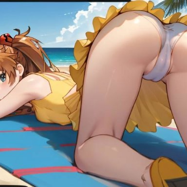 neon genesis evangelion, asuka langley sohryu, ass, ass focus, ass up, bare thighs, beach, beach towel, blue eyes, brown hair, cameltoe, clouds, legs apart, long hair, looking at viewer