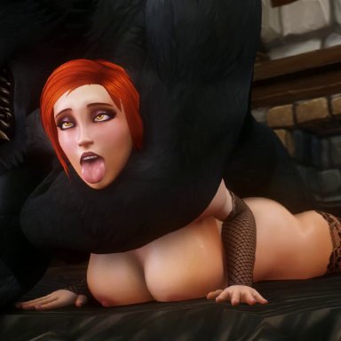 warcraft, world of warcraft, assumi, human (world of warcraft), worgen, noname55, black body, black fur, bouncing breasts, breasts, christmas outfit, christmas tree, cum, erect nipples, fireplace