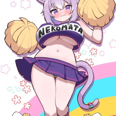 hololive, nekomata okayu, bignorishio, cat ears, cat tail, catgirl, cheerleader, cheerleader uniform, large breasts, panties, pom poms, smile, underboob, vtuber