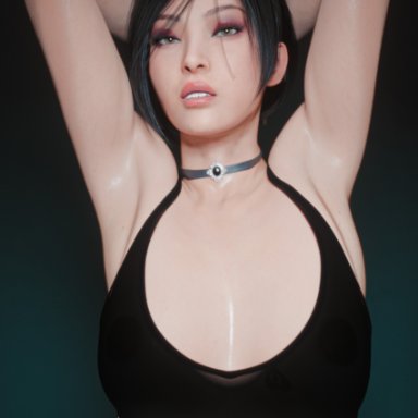 blacked, resident evil, ada wong, artist request, 1girls, armpits, arms above head, arms up, asian female, blacked clothing, female, gym uniform, light skin, light-skinned female, queen of spades