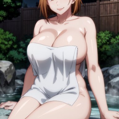 jujutsu kaisen, kugisaki nobara, ringohanbagu, 1girls, arm support, bathhouse, brown eyes, brown hair, cleavage, completely nude, completely nude female, female, female only, hot spring, legs together