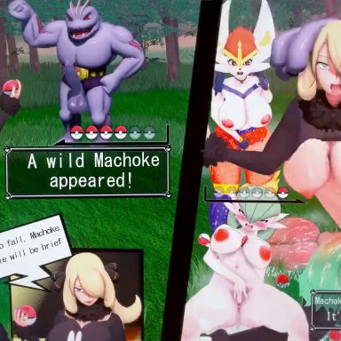 nintendo, pokemon, pokemon dppt, pokemon rgby, cinderace, cynthia (pokemon), gardevoir, lopunny, machoke, meowscarada, acrolexxx, 1boy, 5girls, ahe gao, areolae