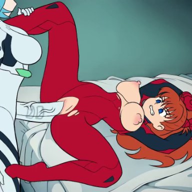 neon genesis evangelion, asuka langley sohryu, rei ayanami, futmad (editor), 1futa, 1girls, angry, areolae, arms above head, balls, belly, belly bulge, belly expansion, big breasts, big penis