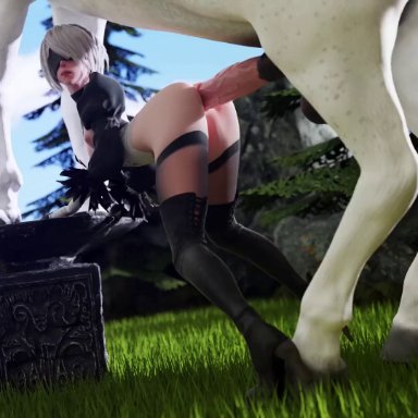 nier, nier: automata, yorha 2b, tiaz-3dx, animal penis, big penis, covered eyes, doggy style, horse, horsecock, moaning, moaning in pleasure, sex, standing, standing doggy style