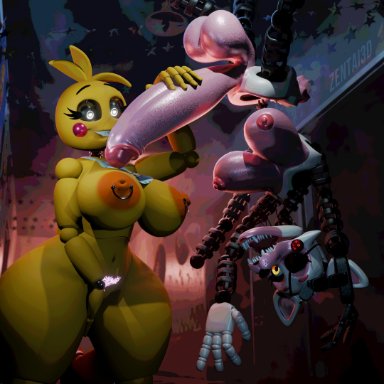 five nights at freddy's, five nights at freddy's 2, mangle (fnaf), toy chica (fnaf), toy chica (love taste), zentaisfm, 1futa, 1girls, animatronic, anthro, big balls, big breasts, big penis, breasts, cheek bulge