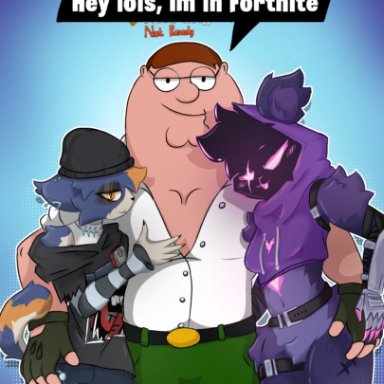 family guy, fortnite, meow skulls, meow skulls (fortnite), peter griffin, peter griffin (fortnite), raven team leader, raven team leader (fortnite), sharkussy , smiiju, 1boy, animal ears, animal tail, anthro, arms around partner