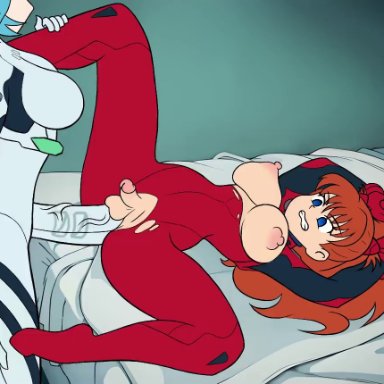 neon genesis evangelion, asuka langley sohryu, rei ayanami, futmad (editor), 2futas, angry, areolae, arms above head, balls, belly, belly bulge, belly expansion, big breasts, big penis, blue eyes