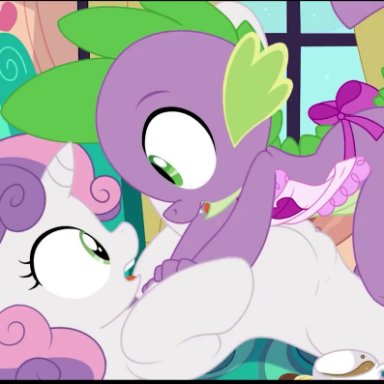 friendship is magic, hasbro, my little pony, spike (mlp), sweetie belle (mlp), sfan, tricksta, 1 horn, anthro, anthro on feral, anthro on top, anthro penetrating, anthro penetrating feral, apron, apron only