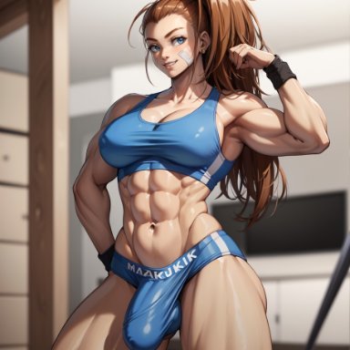 one-punch man, captain mizuki, aiser0, 1futa, abs, biceps, blue eyes, breasts, brown hair, bulge, cleavage, erection, erection under clothes, flexing, futanari