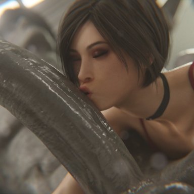 resident evil, resident evil 2, resident evil 2 remake, ada wong, stephanie23, 1boy, 1girls, choker, closed eyes, erection, fellatio, kissing, large penis, licking, licking penis