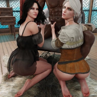 cd projekt red, the witcher (series), the witcher 3: wild hunt, ciri, yennefer, wtfsths, 1boy, 1boy2girls, 2girls, abs, ass, average sized penis, before sex, black body, black hair