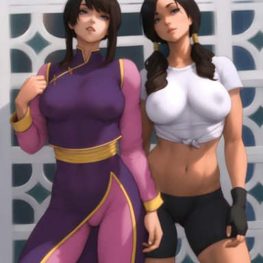 dragon ball, dragon ball z, chichi, videl, flowerxl, 2girls, abs, asian female, big breasts, bike shorts, dark hair, female only, human, midriff, milf