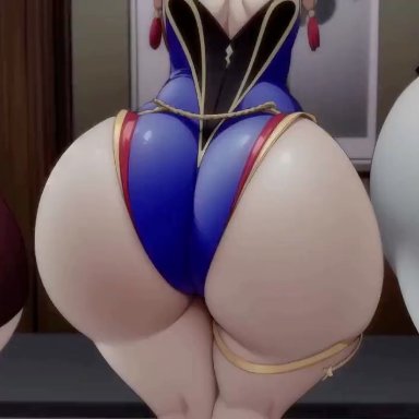 genshin impact, amber (genshin impact), jean gunnhildr, mona (genshin impact), kishi, 3girls, ass, ass cheeks, huge ass, leotard, shorts, twerking, white pants, wide hips, ai generated