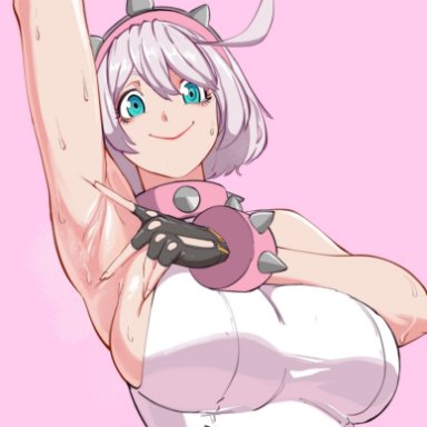 guilty gear, elphelt valentine, octavius dp, armpits, arms up, arms up pose, blue eyes, spiked bracelet, spiked collar, spreading armpit, sweat