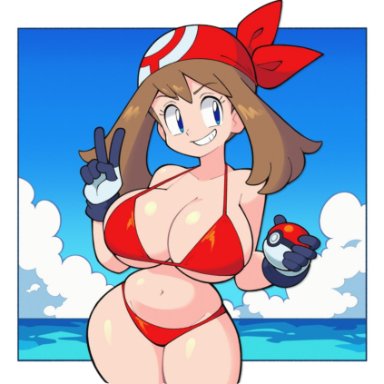 pokemon, pokemon rse, may (pokemon), stealth brock, bandana, beach, big breasts, bikini, blue eyes, breasts, brown hair, cleavage, female, large breasts, peace sign