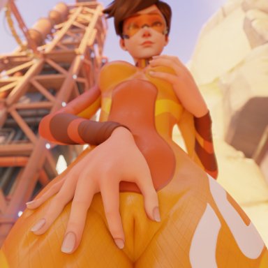 overwatch, overwatch 2, tracer, colonelyobo, epiccino, 1girls, brown eyes, brown hair, cameltoe, female, goggles, jumpsuit, light skin, light-skinned female, looking at viewer