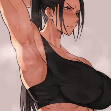 original, muscle girl (pepe (jonasan)), pepe (jonasan), 1girls, abs, arm up, armpit fetish, armpits, bare arms, bare shoulders, black sports bra, blush, breasts, brown eyes, cleavage