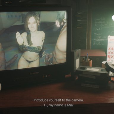 capcom, resident evil, resident evil 7, mia winters, fugtrup, 1girls, 2boys, before sex, black hair, blue eyes, breasts, cheating, cheating wife, cock, cuckold
