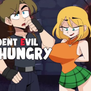 resident evil, ashley graham, leon scott kennedy, moushley, hagen toons, angry, bangs, bare arms, barrel, blonde hair, blue eyes, bouncing breasts, breasts, brown hair, clothed