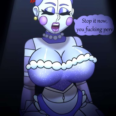 five nights at freddy's, ballora, ballora (fnafsl), beanontoast, rockstar puppet (artist), 1girls, annoyed, ballerina, big breasts, blue dress, blue hair, masturbation, robot girl, white skin