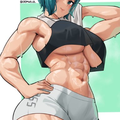 va-11 hall-a, sei asagiri, cromwellb, 1girls, abs, after exercise, aqua eyes, aqua hair, athletic, booty shorts, breasts, female, female only, huge breasts, large breasts