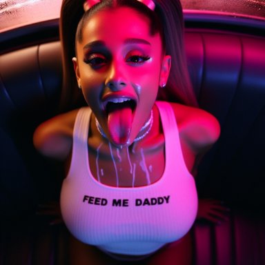 ariana grande, cum on breasts, daddy kink, looking at viewer, open mouth, tank top, tongue out, ai generated, celebrity