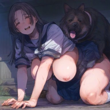 nanikasan17761, breasts out, canine, doggy style, domestic dog, female on feral, feral on female, feral on human, human on feral, interspecies, large breasts, school uniform, schoolgirl, thick thighs, zoophilia