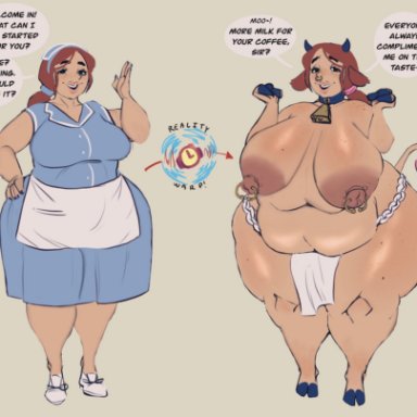 moessins, apron, bbw, big belly, breasts bigger than head, chubby, chubby female, cow ears, cow girl, cow horns, cow tail, cowbell, diner, fat, fat ass