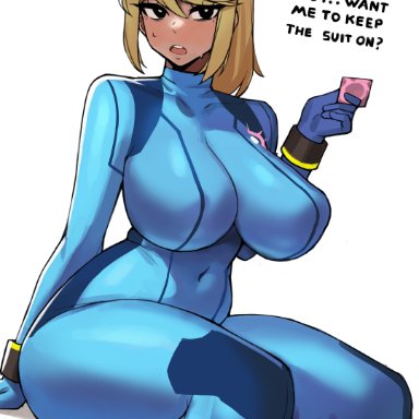 metroid, nintendo, samus aran, zero suit samus, donburikazoku, 1girls, blonde hair, bodysuit, breasts, busty, female, hips, huge breasts, long hair, looking at viewer