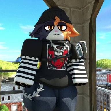 epic games, fortnite, roblox, meow skulls (fortnite), nearlyepoint, anthro, beanie, bottomwear, breast drop, calico cat, clothed, clothing, clothing lift, collar, denim