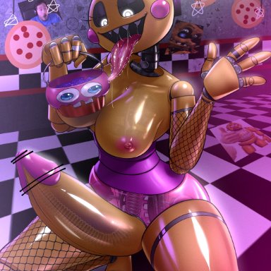 five nights at freddy's, five nights at freddy's 2, halloween, toy chica (fnaf), furui o (lamp159568), laowei, 1futa, animatronic, areolae, big breasts, big penis, big tongue, breasts, chicken, detailed background