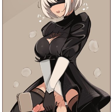 nier, nier: automata, yorha 2b, yoshiwo senpai, 1futa, balls, big breasts, big penis, blindfold, breasts, clothed, clothing, cum in container, cum in cup, drooling