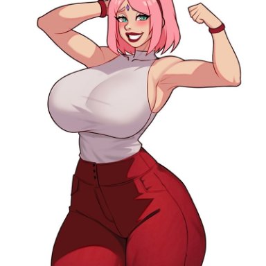 naruto, sakura haruno, jakuson z, 1girls, aqua eyes, armpits, arms up, ass, big ass, big breasts, blue eyes, blush, blushing at viewer, bottomwear, breasts