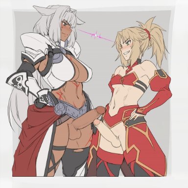 fate (series), fate/apocrypha, fate/grand order, caenis (fate), mordred (fate), mordred (fate/apocrypha), futmad (editor), mikoyan, 2futas, animal ears, big breasts, big penis, black panties, blonde hair, blue eyes