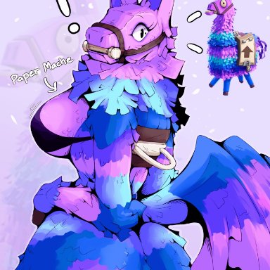 fortnite, loot llama, sketchy protogen, animate inanimate, anthro, ass, bottomless, bra, breasts, clothed, clothing, female, gag, gagged, llama