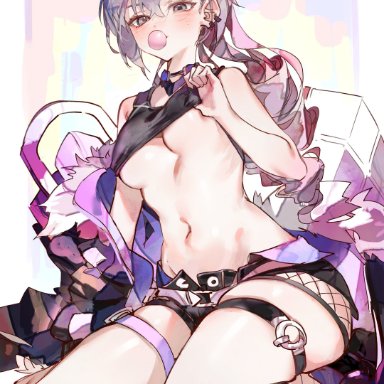 honkai: star rail, hoyoverse, mihoyo, silver wolf (honkai: star rail), cocoballking, black tank top, booty shorts, bubble gum, clothed female, collar, earrings, eyebrows visible through hair, eyewear on head, female, fishnets