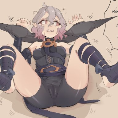 league of legends, briar (league of legends), cafin, chained wrists, feet, short hair, spread legs, spreading, tight clothing, vampire, white eyes, worried, english text, tagme