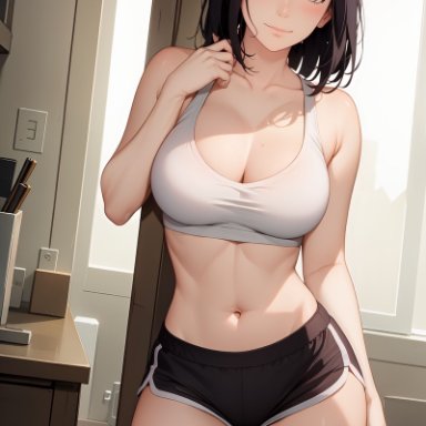 naruto, naruto (classic), naruto (series), naruto shippuden, hyuuga hinata, samsara ai, 1girls, big breasts, black hair, cleavage, dolphin shorts, female, female focus, female only, light skin