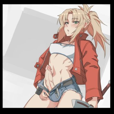 fate (series), mordred (fate), futmad (editor), mikoyan, 1futa, abs, balls, big breasts, big penis, blonde hair, blush, breasts, clothed, clothing, erection