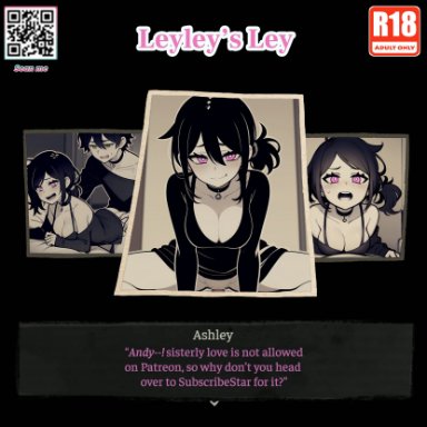 the coffin of andy and leyley, andrew graves, ashley graves, crextcomic, 1boy, 1girls, ambiguous penetration, bare shoulders, barefoot, bed, black hair, blush, bottomless, brother and sister, choker