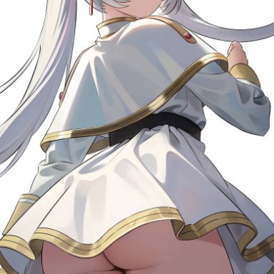 sousou no frieren, frieren, gyunzai, 1girls, ass, capelet, earrings, elf, from behind, green eyes, long hair, looking at viewer, looking back, no panties, pointy ears