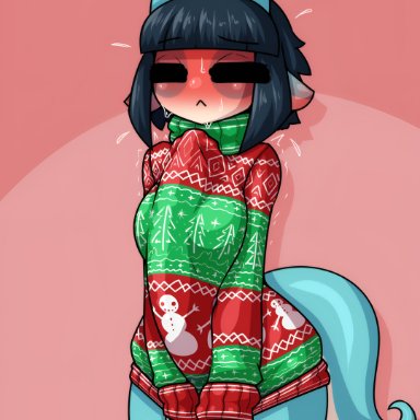 blue (limebreaker), limebreaker, 1futa, autopaizuri, autopaizuri under clothes, bangs, big penis, big thighs, black hair, blue body, blush, bottomless, bulge, christmas clothing, dickgirl