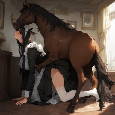 nanikasan17761, 1animal, 1girls, big breasts, black hair, blush, breasts, clothed, doggy style, female, horse, long hair, maid, stockings, zoophilia