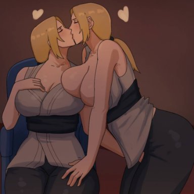 naruto, naruto (series), naruto shippuden, tsunade, bby dvk, 2girls, asymmetrical docking, blonde hair, blush, breasts bigger than head, breasts out, brown eyes, closed eyes, clothed female, embarrassed